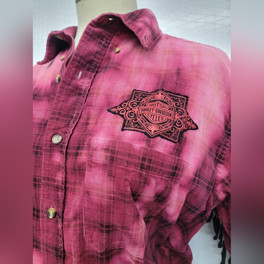 Upcycled Biker Moto Flannel Shirt Shacket Harley Davidson Patch & Fringe - Picture 10 of 13